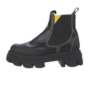 Ganni WIP Black Leather Boots with Yellow Detailing